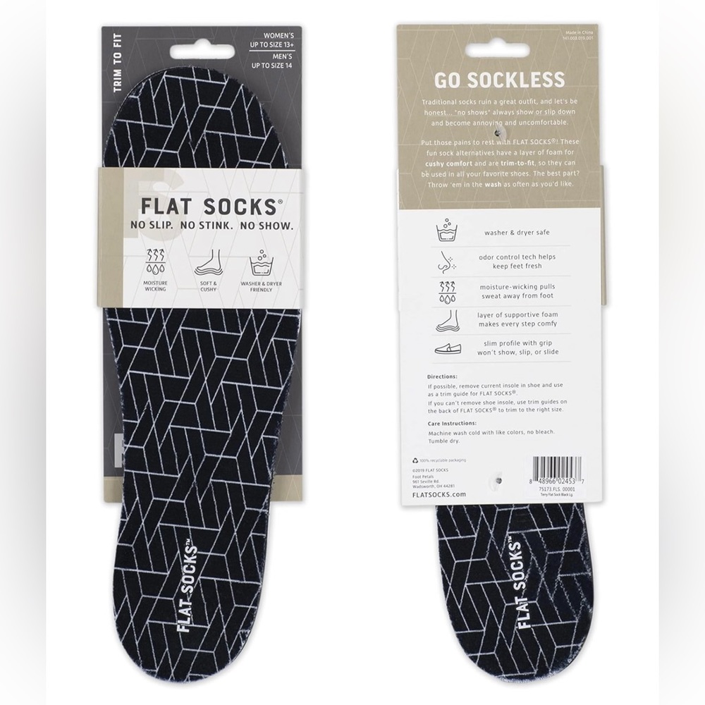 NWT-Flat Socks Unisex Sockless Liner Shoe Insert, Black, Soft, Cushy, No Stink